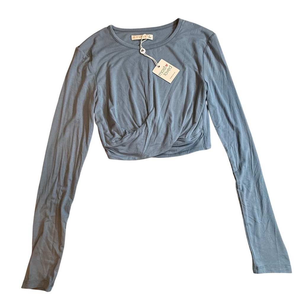 O.VIANCA Womens Twist Front Long Sleeve Crop Top Dusty Blue Size M NWT